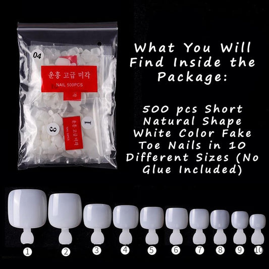 S.A.V.I 500 Pcs White Fake Toe Nails – Short Natural Shape, 10 Sizes – DIY Pedicure Artificial Toenails for Nail Art, Extensions  Manicure – Durable, Easy to Apply, Salon-Quality False Nails for Women  Girls