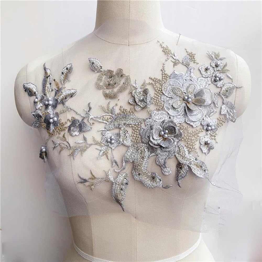 S.A.V.I 3D Floral Embroidered Applique Patch | Grey Silver  Gold Mesh Lace | 14.17x9.8 in (36x25 cm) | DIY Bridal, Lehenga, Saree, Blouse, Gown, Ethnic Wear  Craft Sewing Accessory