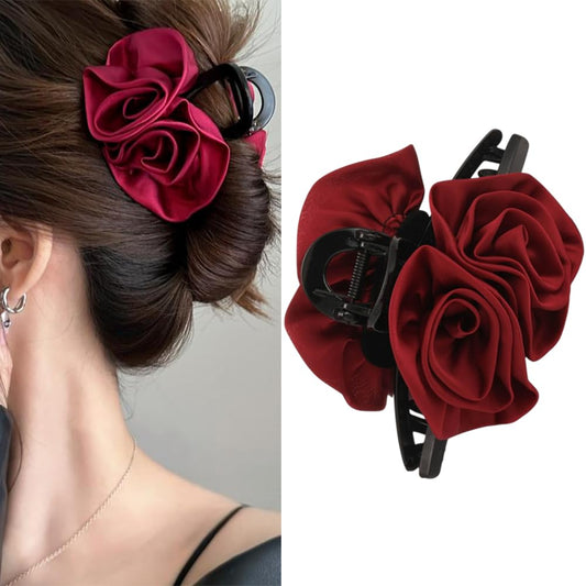 S.A.V.I Red Rose Hair Claw Clip for Women & Girls | Elegant Fabric Flower Design | Strong Grip Clutcher with Metal Spring | Stylish Hair Accessory for Daily, Wedding & Party (5.1 Inch)