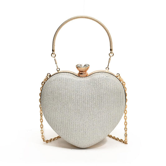 S.A.V.I Women’s Heart Shaped Silver Glitter Clutch Bag | Party & Wedding Evening Purse with Gold Handle, Chain Strap & Crystal Top Lock | Stylish Metallic Handbag for Brides & Special Events (Silver)