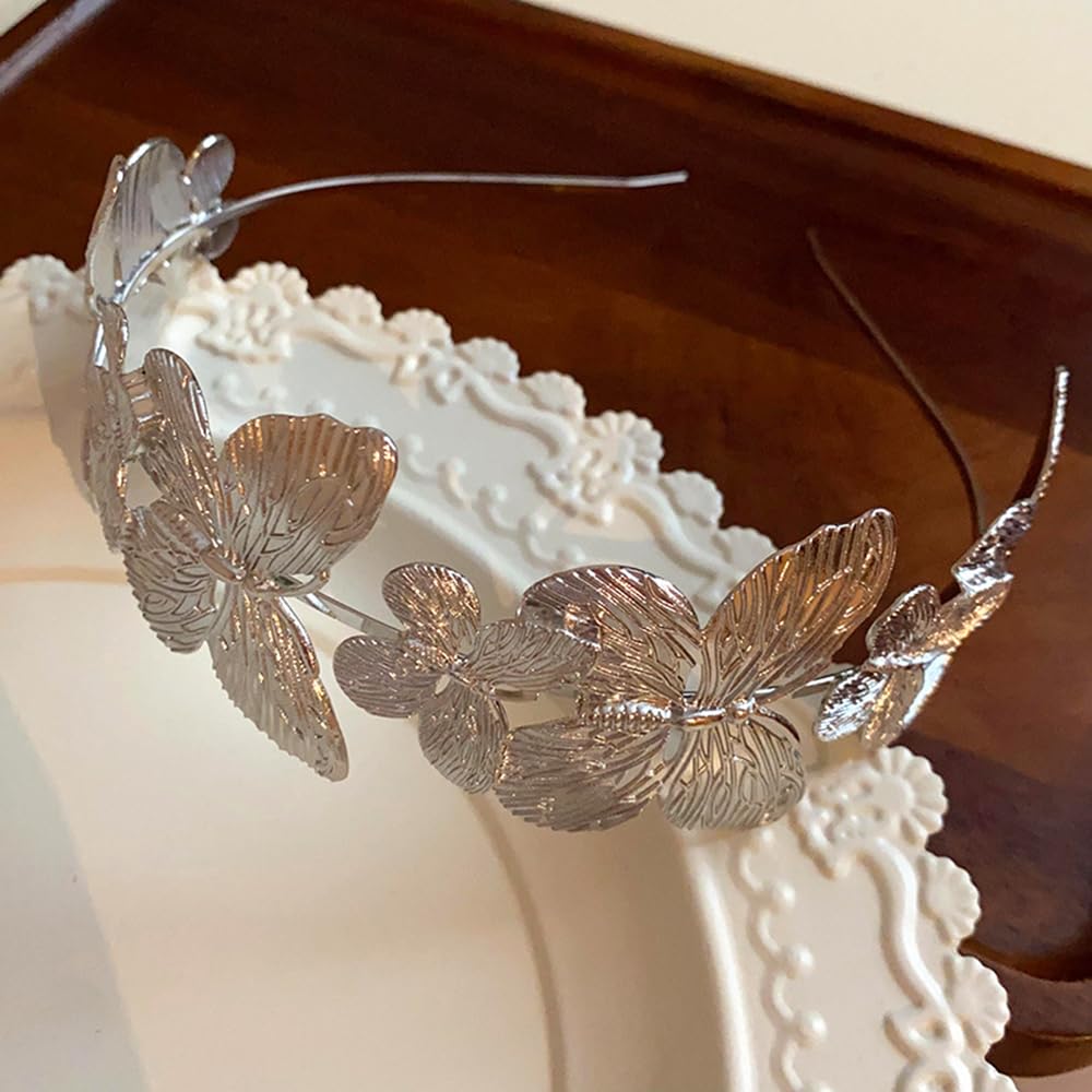 S.A.V.I Silver Butterfly Hairband for Women & Girls | Lightweight Metal Headband with 3D Textured Design | Stylish Party, Wedding & Festive Hair Accessory (14.5cm) (Silver, Onesize)