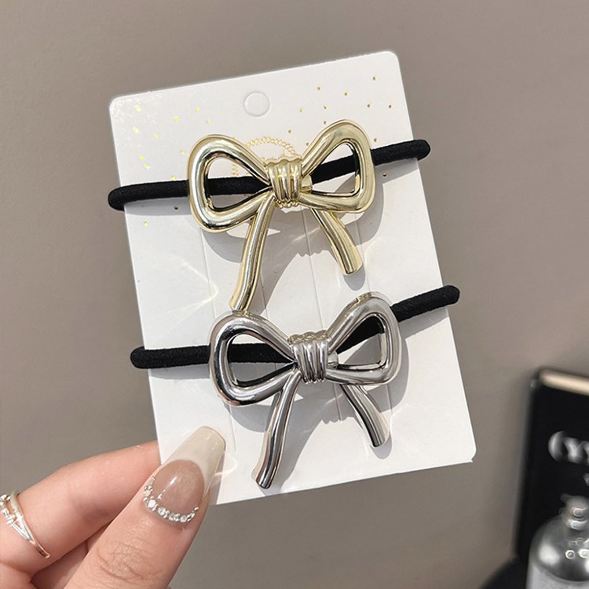 S.A.V.I 2pcs Elastic Hair Ties with Big Alloy Metal Bow | Stylish Gold & Silver Hair Accessories for Women & Girls | Durable Black Ponytail Holders | Cute Rubber Bands Size 4.5 x 4.6 cm