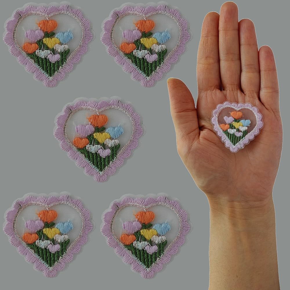 S.A.V.I Heart-Shaped Lavender Flower Non-adhesive Embroidered Patches - Set of 5 DIY Appliqués for Clothing like Dresses, Blouses, Scarves, Hats, Bags, Jackets, Vests, Skirts, T-Shirts, Sweaters, Tank Tops  Accessories