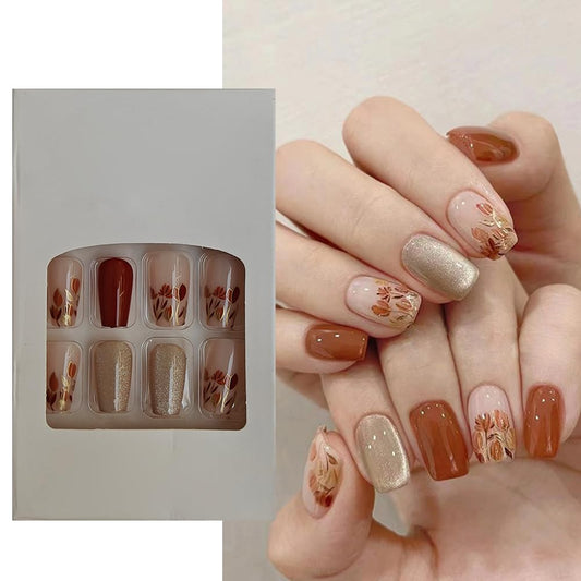 S.A.V.I 24 Pcs Medium Coffin Shape Press-On Nails | Elegant Golden Glitter, Maroon, Nude | Tulip Floral  Cat's Eye Design | Natural, Comfortable False Nails for Women | DIY Kit
