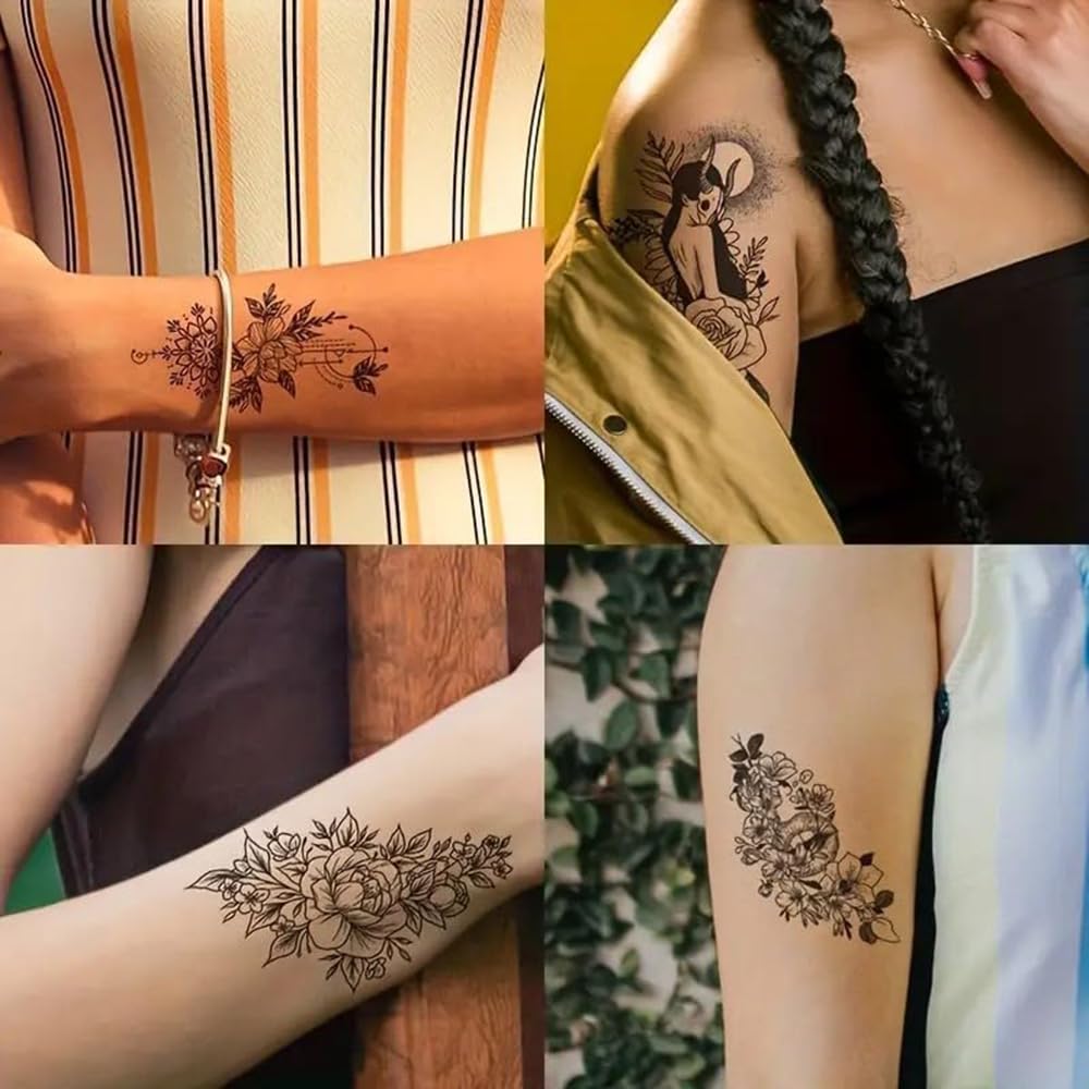 S.A.V.I 30 Pcs Black Floral Temporary Tattoos for Women & Girls | Waterproof, Non-Toxic, Safe Body Art Stickers | Long-Lasting Arm, Shoulder, Back Mehndi Style Design | Easy to Apply & Remove (07)