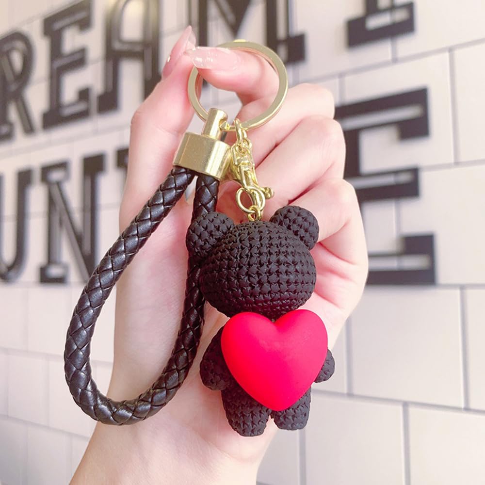 S.A.V.I Cute Pink Bear Keychain with Heart Charm | Resin Mini Teddy Pendant 6cm | Braided PU Leather Wrist Strap | Lightweight Gold Key Ring for Girls, Women (Black)