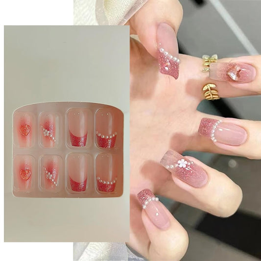 S.A.V.I Pink Square 3D Press On Nails - 24 PCs Long, Adhesive Tabs  Glue Included, Elegant Fake Nails for Manicure