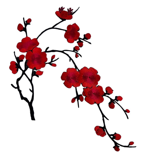 S.A.V.I 3D Embroidered Cherry Blossom Patch | Red  Black Iron-On Floral Applique for T-Shirts, Jeans, Jackets, Backpacks | Pre-Glued, Easy Heat Press DIY Badge | Large Size 21.5x16 cm (Red)