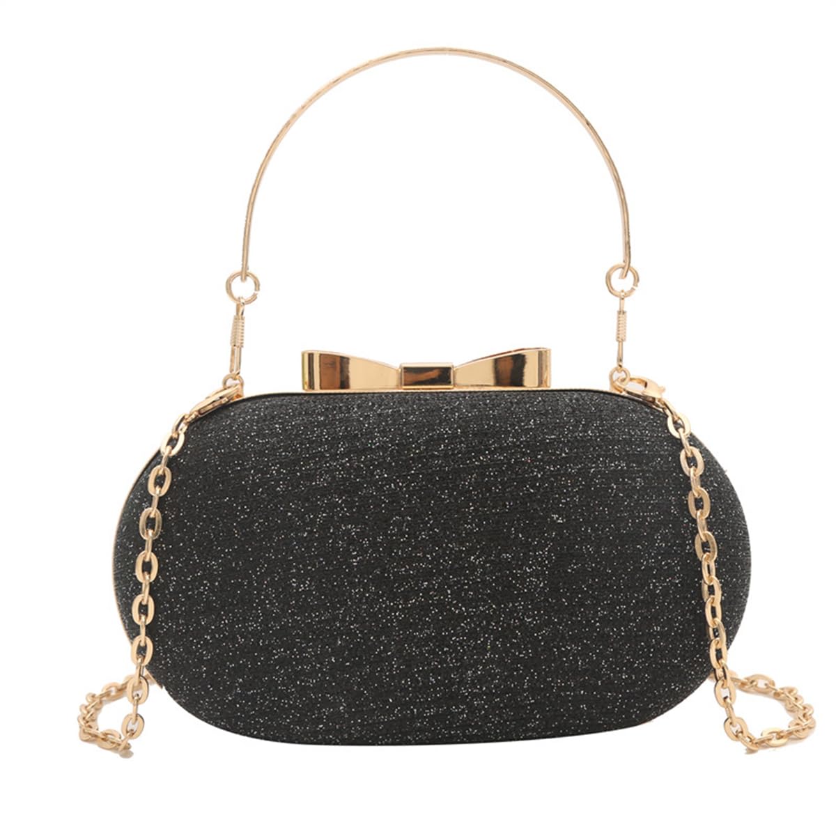 S.A.V.I Women’s Black Glitter Clutch Bag | Oval Hard Case Evening Purse with Gold Chain & Bow | Stylish Party & Wedding Handbag for Girls & Women (Black)