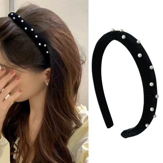S.A.V.I Black Velvet Headband with Pearls for Women  Girls | Elegant Wide Hair Accessory for Party  Casual Wear | Soft, Comfortable  Stylish Hairband | All Occasions