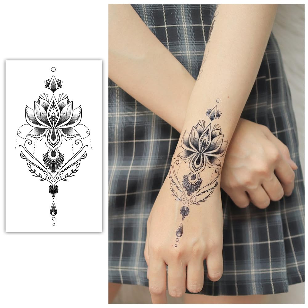 S.A.V.I 3 Pcs Large Floral Temporary Tattoos for Women – 16x9 cm Black Waterproof Body Art – Safe Non-Toxic Long-Lasting Arm, Back, Neck Tattoo Stickers – Mandala, Moon, Arrow Designs (02)