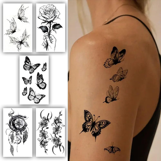 S.A.V.I 5 Sheets Temporary Tattoo Stickers for Women  Men - 10.5X6cm Butterfly, Rose, Dreamcatcher, Floral Designs | Waterproof  Long-Lasting Body Art | Easy to Apply  Remove | Perfect for Parties  Events