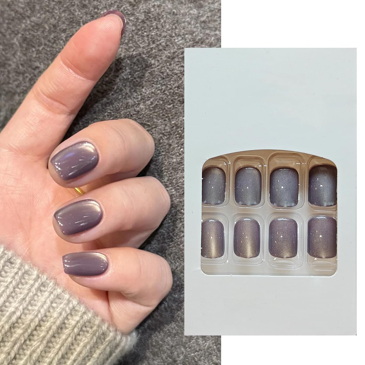 S.A.V.I Cat’s Eye Grey Short Square Fake Nails for Women – 24pcs Natural Glossy Press On Nails with Glue & Adhesive Tabs, Durable Reusable Nail Art Kit for Stylish DIY Manicure at Home