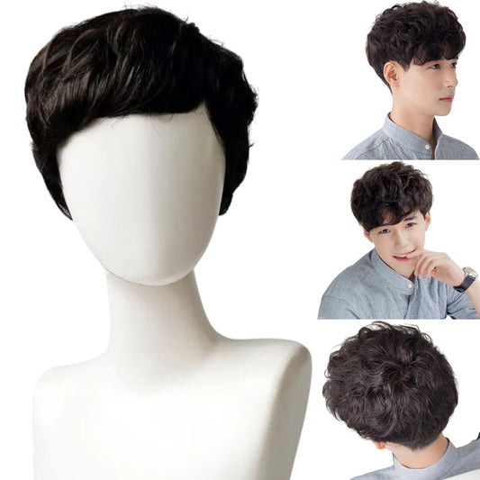 S.A.V.I Men’s Short Wig Black | Natural Looking Synthetic Hairpiece with Little Curl | Realistic Scalp Design, Breathable Adjustable Cap for Daily & Fashion Styling