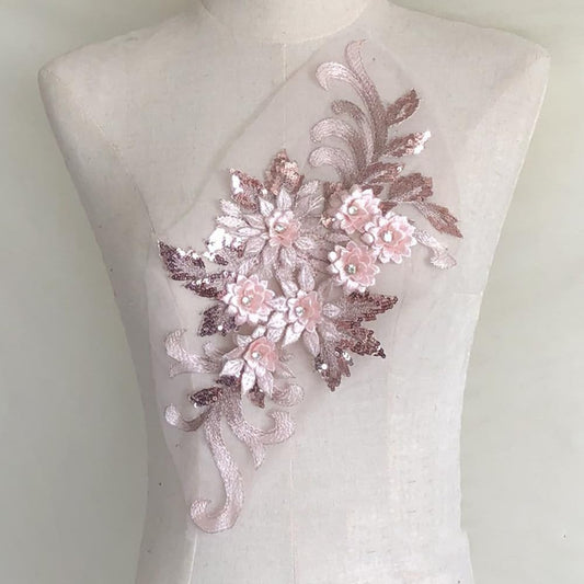 S.A.V.I 3D Floral Applique Patch Rose Gold | Embroidered Lace Mesh with Beads  Sequins | 15.3x7.5 in for Bridal, Lehenga, Saree, Blouse, Gown, Dress, Craft  DIY Sewing Accessory