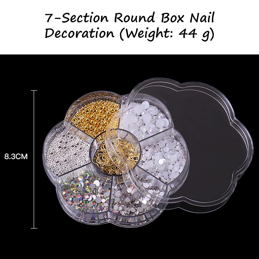 S.A.V.I 7-Section Nail Art Decoration Box – Gold/Silver Metal Balls, AB & White Pearls, Glass Rhinestones, Alloy Heart Charms – 8.3 cm, 44g, DIY Manicure & Nail Art Accessories Kit