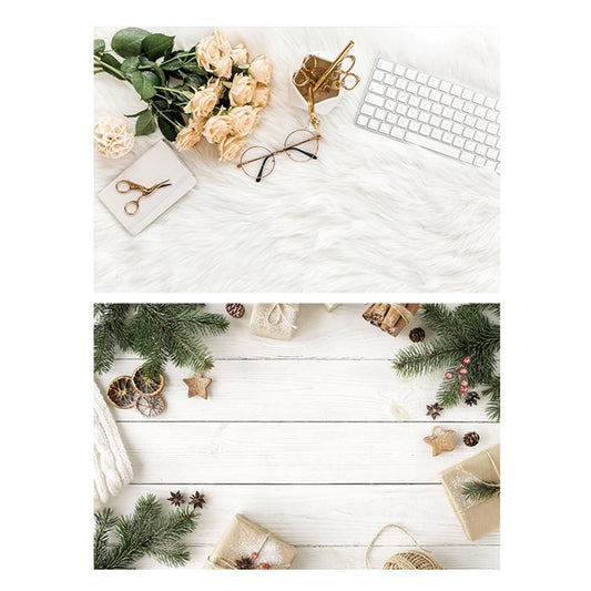 SAVIAURA 2-in-1 Double-Sided Waterproof Tabletop Photography Backdrop | 3D Flat Lay Design | 1 Sheet (#36- White Wood Planks & Soft Surface)