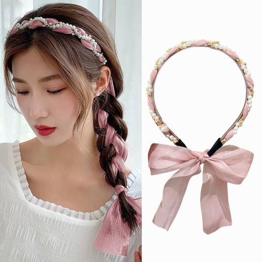 S.A.V.I Pink Pearl & Rhinestone Embellished Headband for Women & Girls | 51cm Soft Satin Ribbon Hairband | Stylish Hair Accessory for Weddings, Parties, Festive