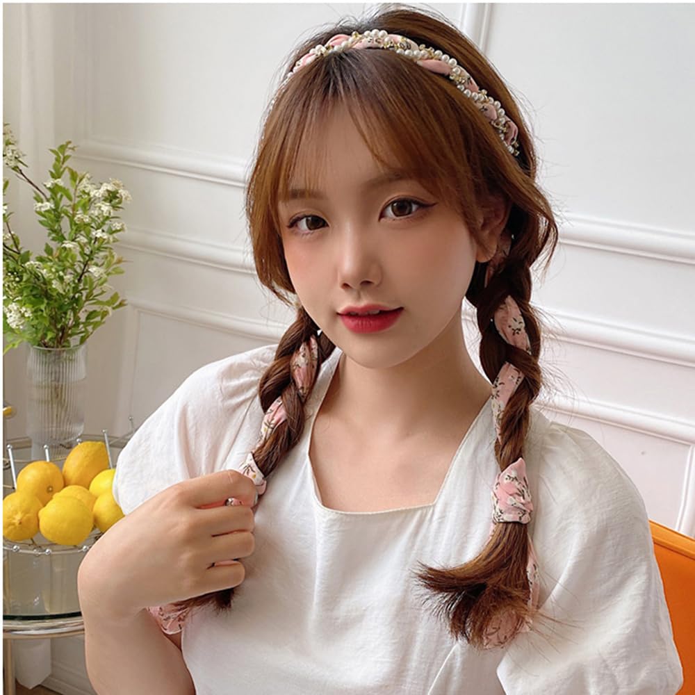 S.A.V.I Floral Pink Designer Hairband for Women & Girls | 59cm Braided Headband with Pearls, Rhinestones & Bow | Stylish Hair Accessory for Ethnic & Western | Soft & Comfortable Fit
