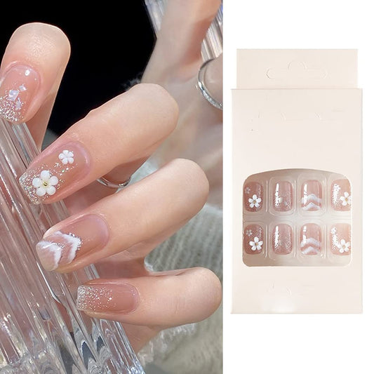 S.A.V.I 3D White Flower Nude False Nails - 24 Easy-to-Apply Petal Shaped Fake Nails with Glue for DIY Manicure - Perfect for Women and Girls - Long-Lasting and Natural Looking