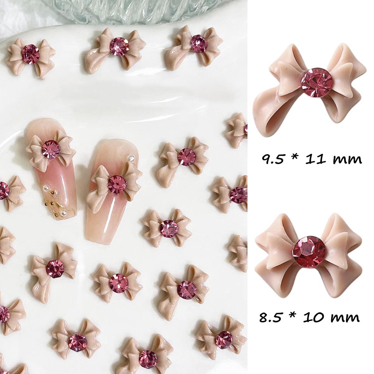 S.A.V.I 3D Nude Bow Nail Art Decorations with Pink Rhinestones – Set of 10 Resin Big Bows (2 Designs) for DIY Nail Art, Manicure, Nail Tips, Extensions & Salon Use