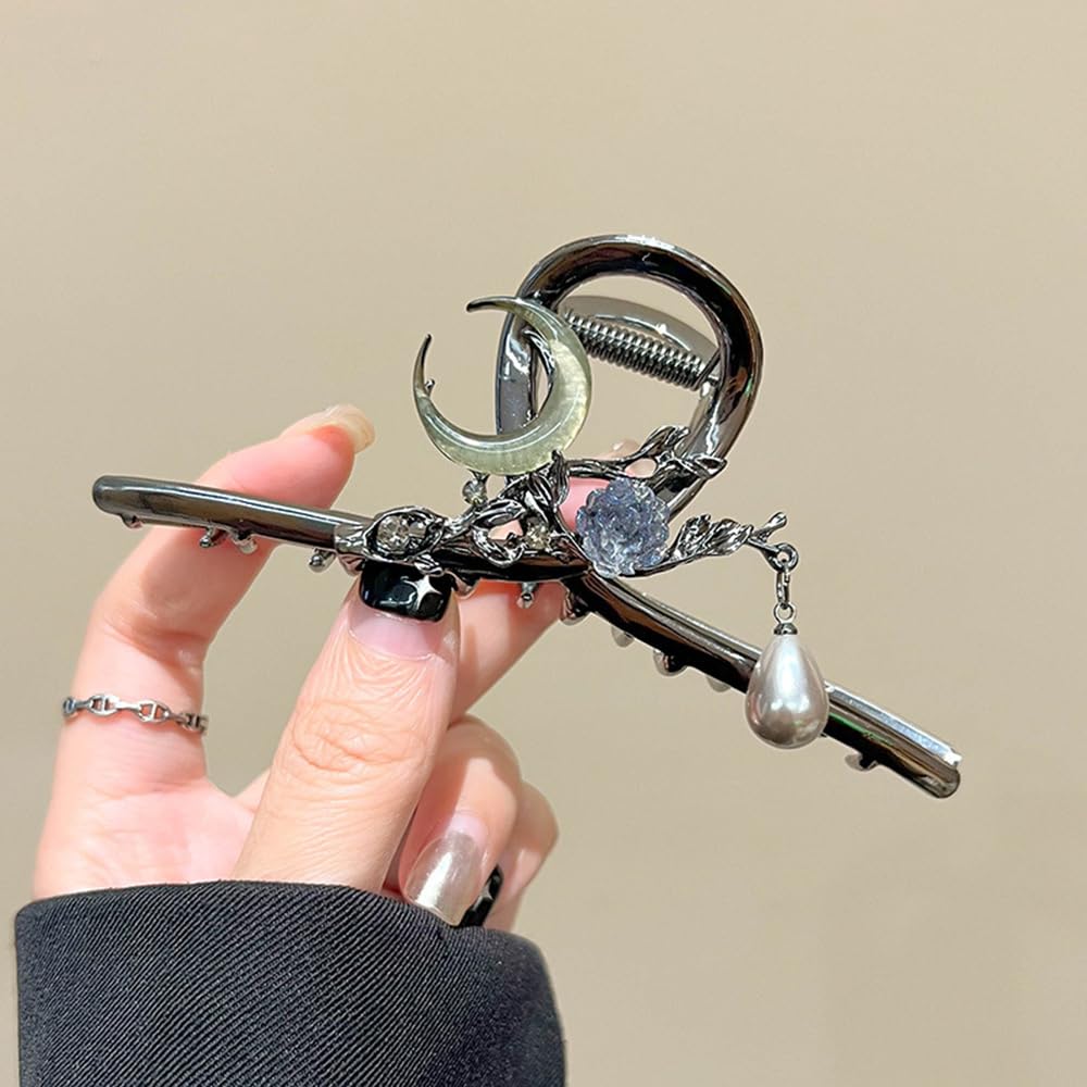 S.A.V.I Gun-Black Big Hair Claw Clip for Women (11.5 cm) | Metal Clutcher with Moon, Rose & Pearl Charms | Strong Grip U-Shape Hair Accessory for Thick Hair, Bun, Office & Party