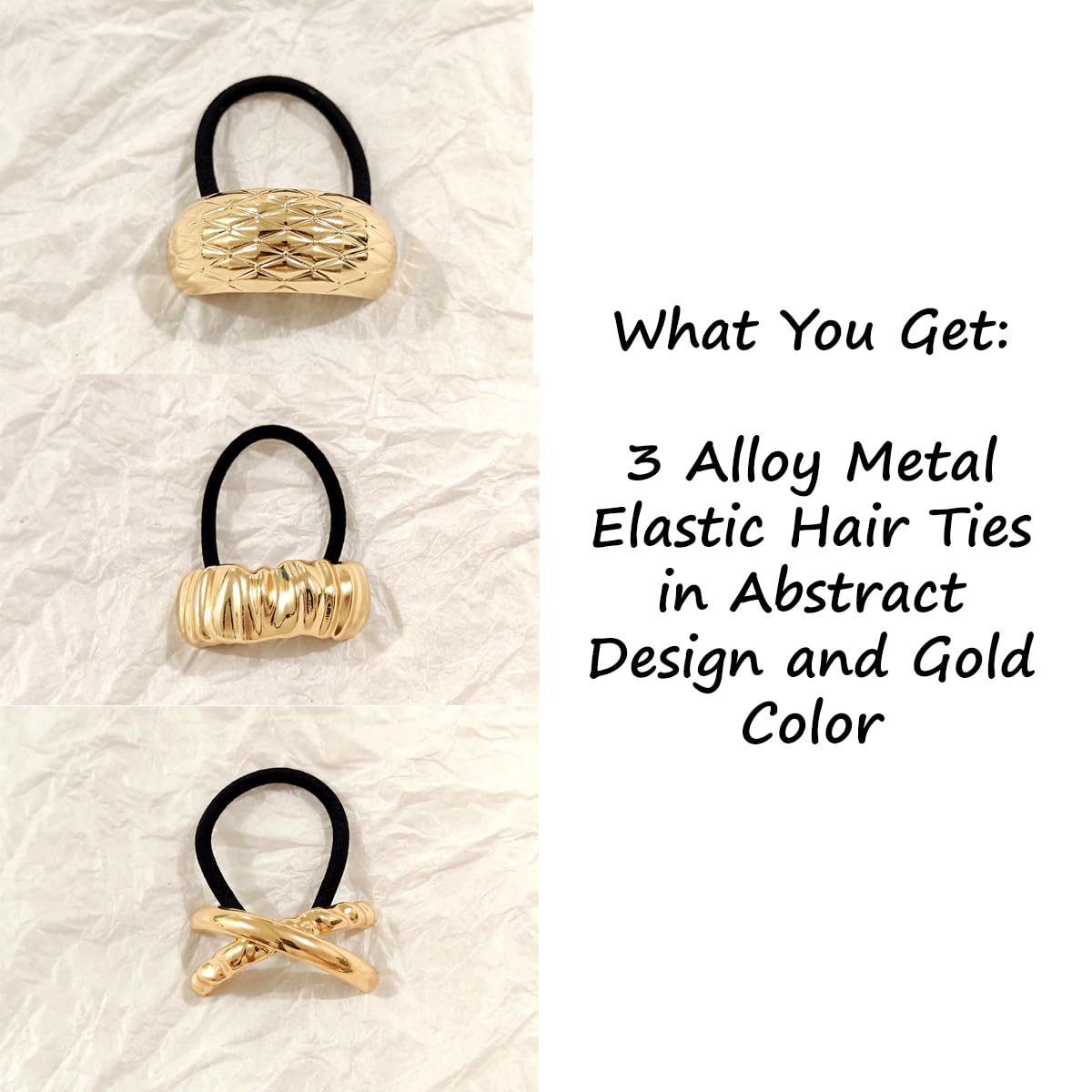 S.A.V.I 3pcs Gold Alloy Metal Hair Ties for Women – Elastic Ponytail Holders | Stylish Durable Hair Accessories with Abstract Geometric Design for Daily & Party