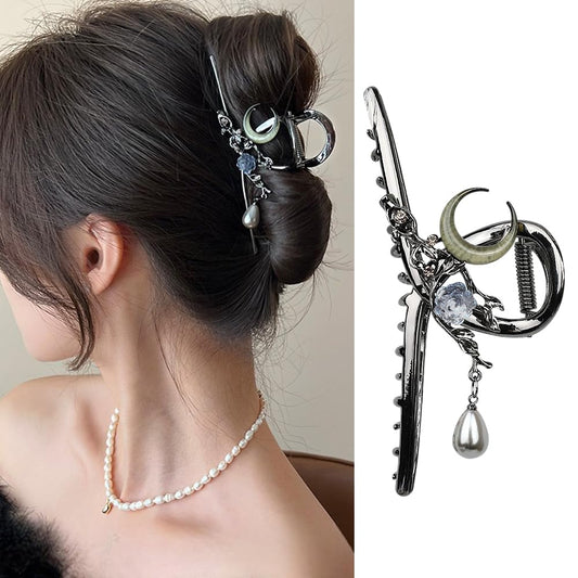 S.A.V.I Gun-Black Big Hair Claw Clip for Women (11.5 cm) | Metal Clutcher with Moon, Rose & Pearl Charms | Strong Grip U-Shape Hair Accessory for Thick Hair, Bun, Office & Party