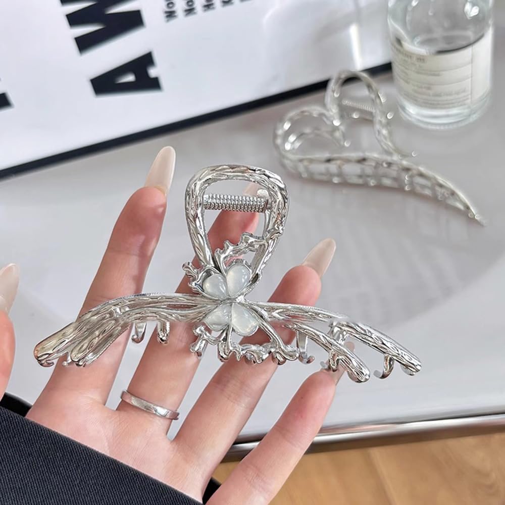 S.A.V.I Silver Butterfly Hair Claw Clip for Women & Girls | 11.5cm Large Metal Clutcher for Thick Hair | Strong Grip Floral Design Bun Holder | Stylish Hair Accessory for Daily