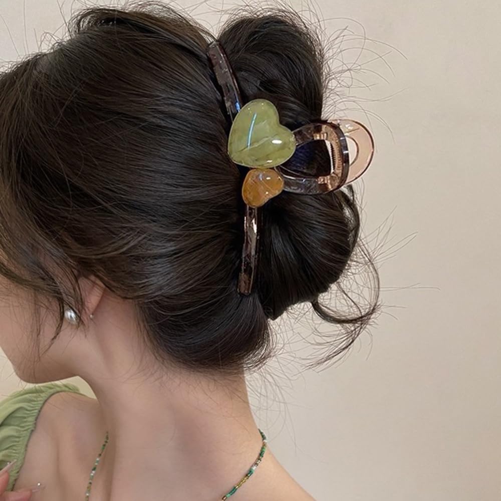 S.A.V.I Stylish Resin Hair Claw Clip for Women & Girls | 13cm Heart Shape with Green & Amber Stones | Strong Grip Bun Holder | Acrylic Hair Accessory for Daily & Party