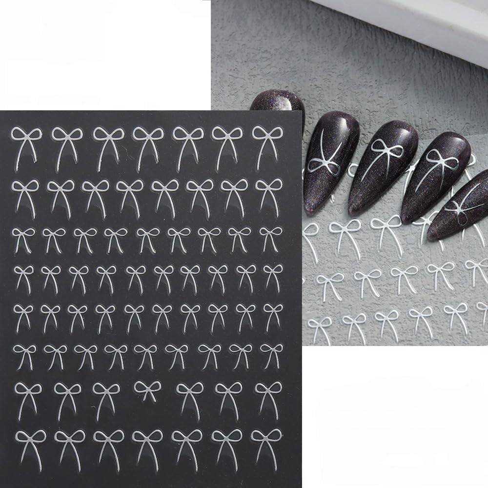 S.A.V.I 4 Sheets Bow Nail Art Stickers for Women – Self-Adhesive DIY Manicure Decals in Black, White, Gold & Silver | Elegant Thin Ribbon Design for Nail Decoration & Extensions (8x10.5cm)