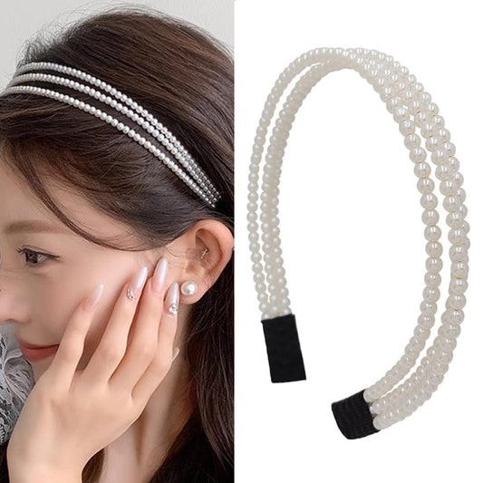 S.A.V.I White Pearl Beaded Triple Layer Hairband for Women & Girls | Stylish Headband for Long Hair | Elegant Hair Accessory for Party & Daily | Fashion Hair Band (12x14 cm)