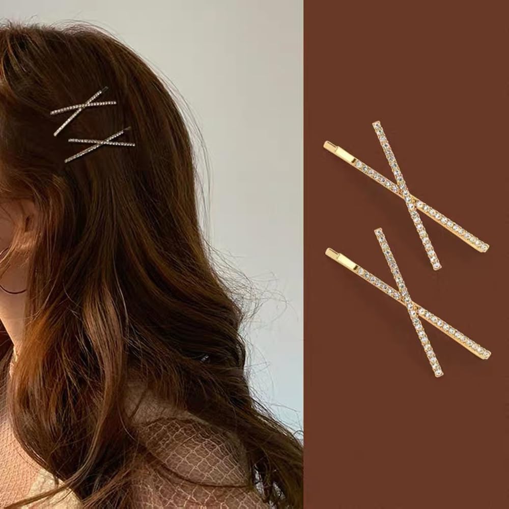 S.A.V.I 1 Pair Sparkling Rhinestone X Shape Hair Clips for Women & Girls | Gold-Tone Crystal Hairpins | Stylish Party Hair Accessories for Bun, Braid, Hairstyles
