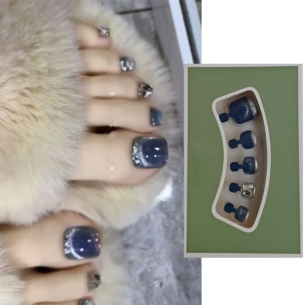 S.A.V.I 24 PCs Cat's Eye Toe Nails | Bluish-Grey with Rhinestones | DIY False Toenail Set | Natural Shape, Stylish  Comfortable | Perfect for Indian Festive Looks | Easy Application Nail Art Kit
