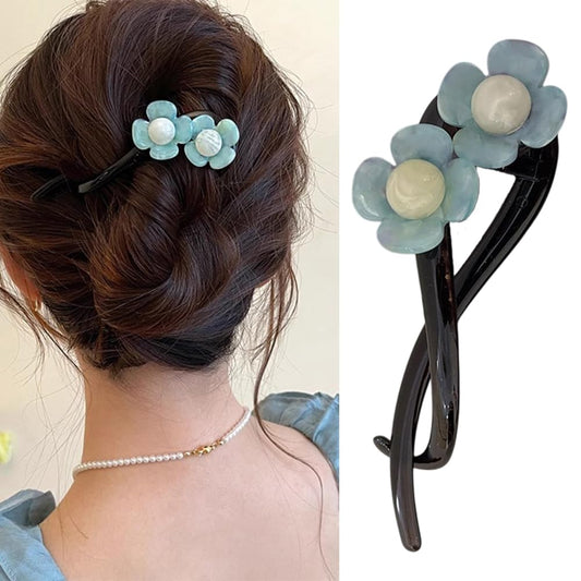 S.A.V.I Blue Floral Hair Clutch Clip for Women & Girls | Elegant Pastel Flower Design | Strong Grip Claw for Daily | Stylish Hair Accessory for All Hair Types & Updos