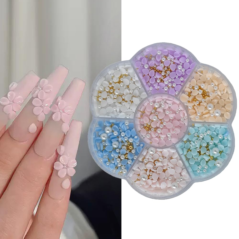 S.A.V.I 3D Flower Nail Art Decorations Set – 7 Colours Mixed Petal Charms with Pearls & Gold Beads for DIY Nail Design, Acrylic & Gel Extensions – Resin Blossoms Manicure Kit