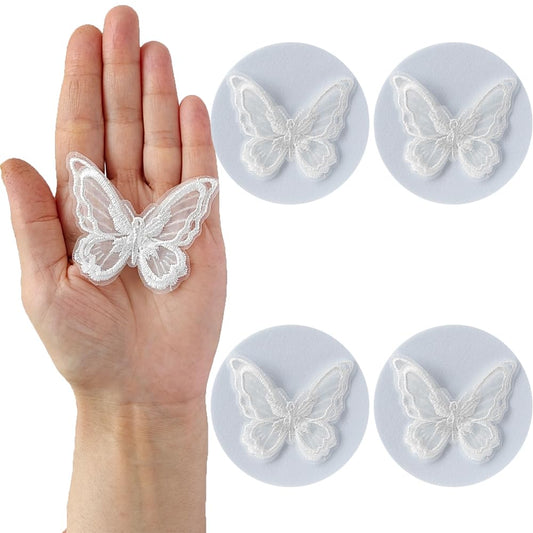 S.A.V.I 4PCS Embroidered Big Butterfly Appliqué Patches - Delicate White Lace Organza Design for Craft Projects, Clothing  Accessories | Easy Sew-On Patches | 2.3x1.8 inches