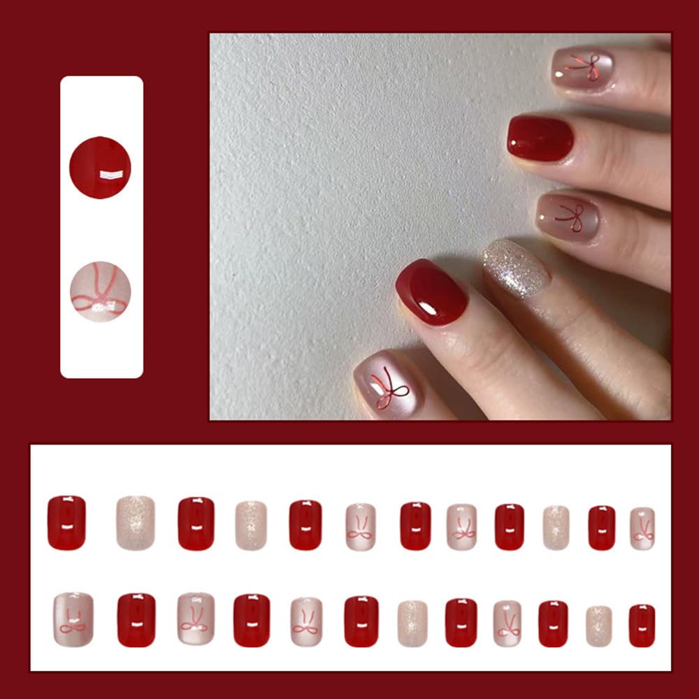 S.A.V.I 24Pcs Short Natural Shape Press-On Nails Red Nude Glitter Bow Design | Reusable DIY Nail Art with Glue & Adhesive Tabs | Trendy Fake Nails for Women & Girls