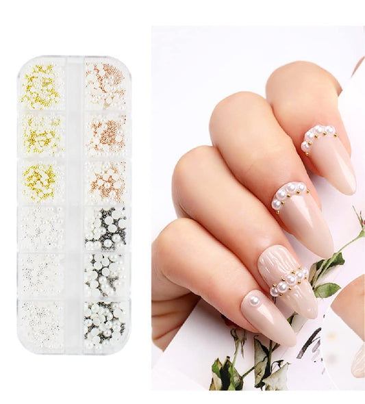 S.A.V.I 12 Grids Gold Silver Metal Balls Beads, Flat Natural Pearls, Nail Art