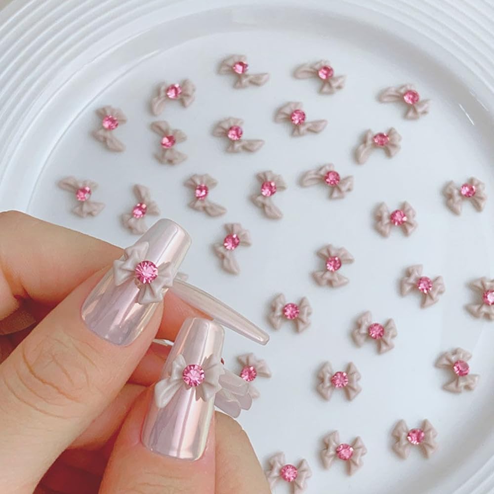 S.A.V.I 3D Nude Bow Nail Art Decorations with Pink Rhinestones – Set of 10 Resin Big Bows (2 Designs) for DIY Nail Art, Manicure, Nail Tips, Extensions & Salon Use