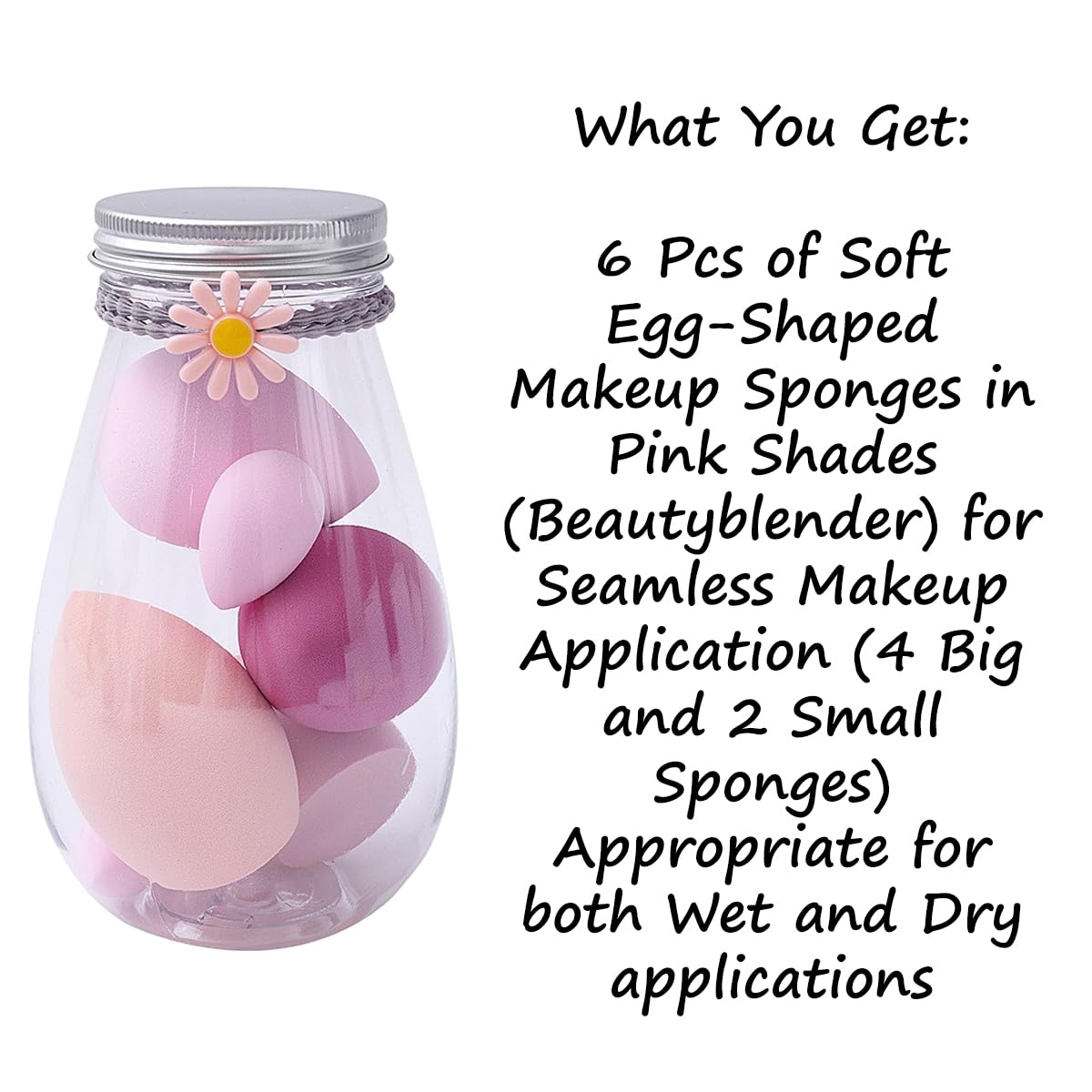 S.A.V.I 6 Pcs Pink Beauty Blender Makeup Sponge Set | Soft Egg-Shaped Foundation & Concealer Puff | Latex-Free, Reusable, Wet & Dry Use | Seamless Blending for Face & Base (4 Large + 2 Small) with Jar (Pink)