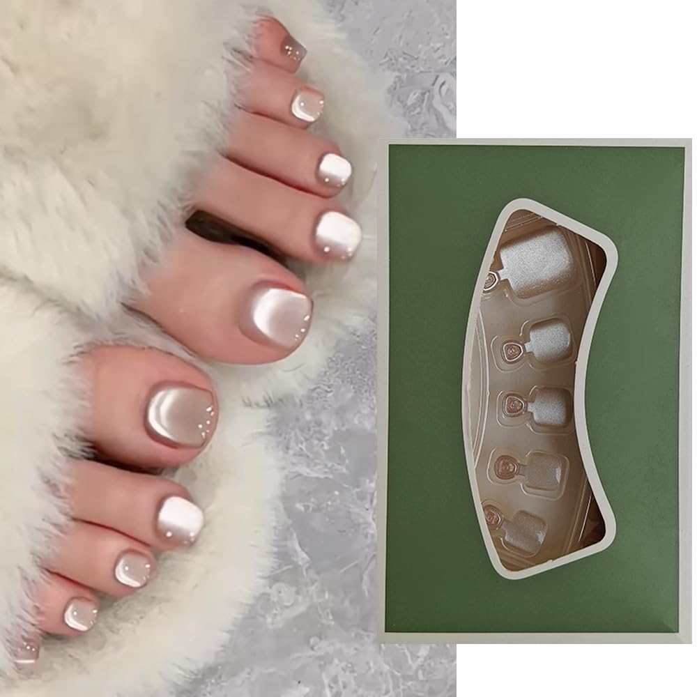 S.A.V.I 24 PCs Short Nude Cat's Eye Toe Nails | Natural Shape False Nails for DIY Pedicure | Comfortable, Easy-to-Apply Fake Toe Nails for Women  Girls | Glossy Finish, Salon-Style Perfection