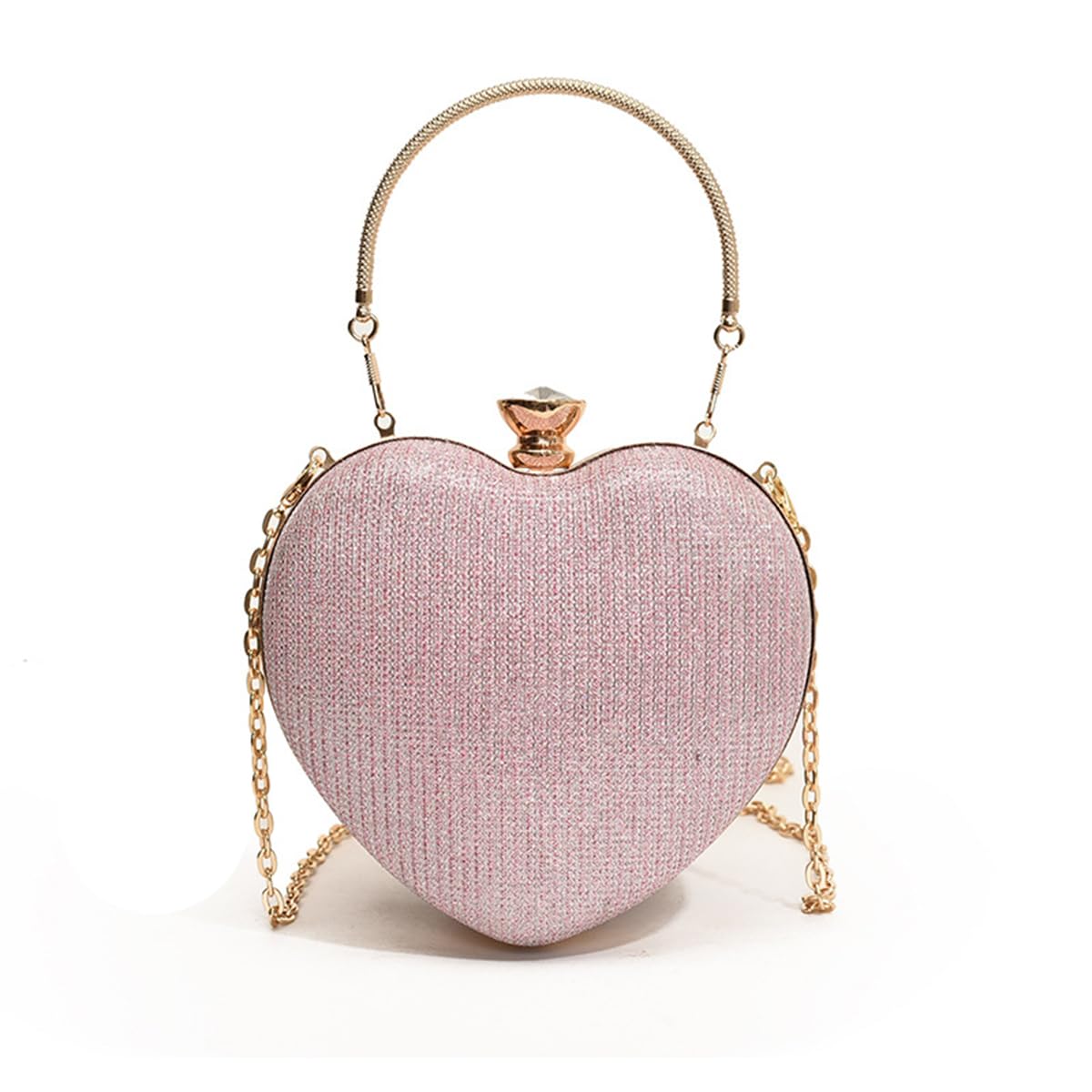 S.A.V.I Women’s Heart Shaped Pink Glitter Clutch Bag | Party & Wedding Evening Purse with Gold Handle, Chain Strap & Crystal Lock | Elegant Metallic Handbag for Brides & Events – 16x15 cm (Pink)