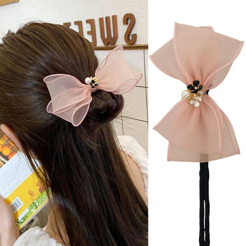 S.A.V.I Pink Lace Bow Hair Clip for Women  Girls | Stylish Floral Design with Pearl Accent | Elegant Hair Accessory for Casual  Party | Soft Fabric, Comfortable Fit | 32cm Hair Bow Clip - 1 Pc