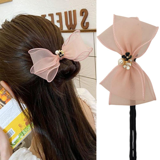 S.A.V.I Pink Lace Bow Hair Clip for Women  Girls | Stylish Floral Design with Pearl Accent | Elegant Hair Accessory for Casual  Party | Soft Fabric, Comfortable Fit | 32cm Hair Bow Clip - 1 Pc
