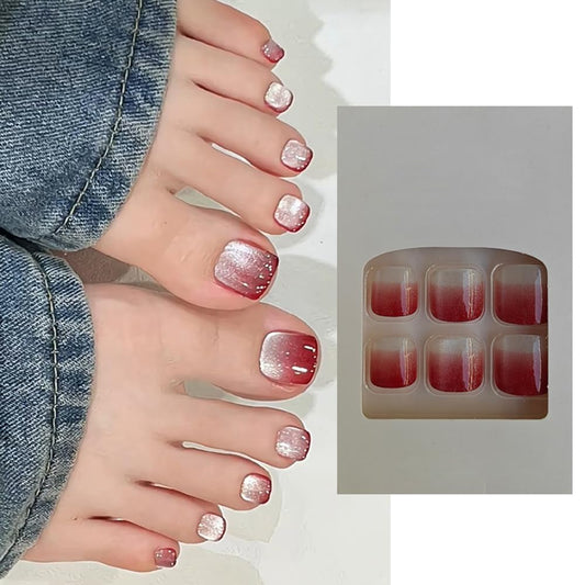 S.A.V.I 24 Pcs Short Natural Shape Peach  Silver Cat’s Eye Toe False Nails | Glossy Press-On Stick-On Nails for Toes | Salon-Style Pedicure Nail Extensions | Durable, Easy to Apply  Reusable Fake Nails