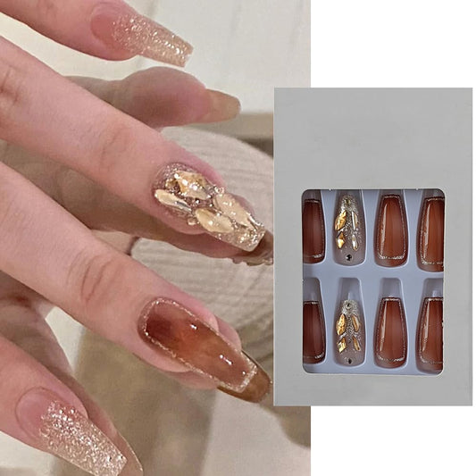 S.A.V.I 24 PCs Long Coffin Shape Press-on Fake Nails - Brown and Glitter Gold Color with 3D Big Crystal - DIY Manicure, Durable  Reusable Nail Art, Perfect for Any Occasion