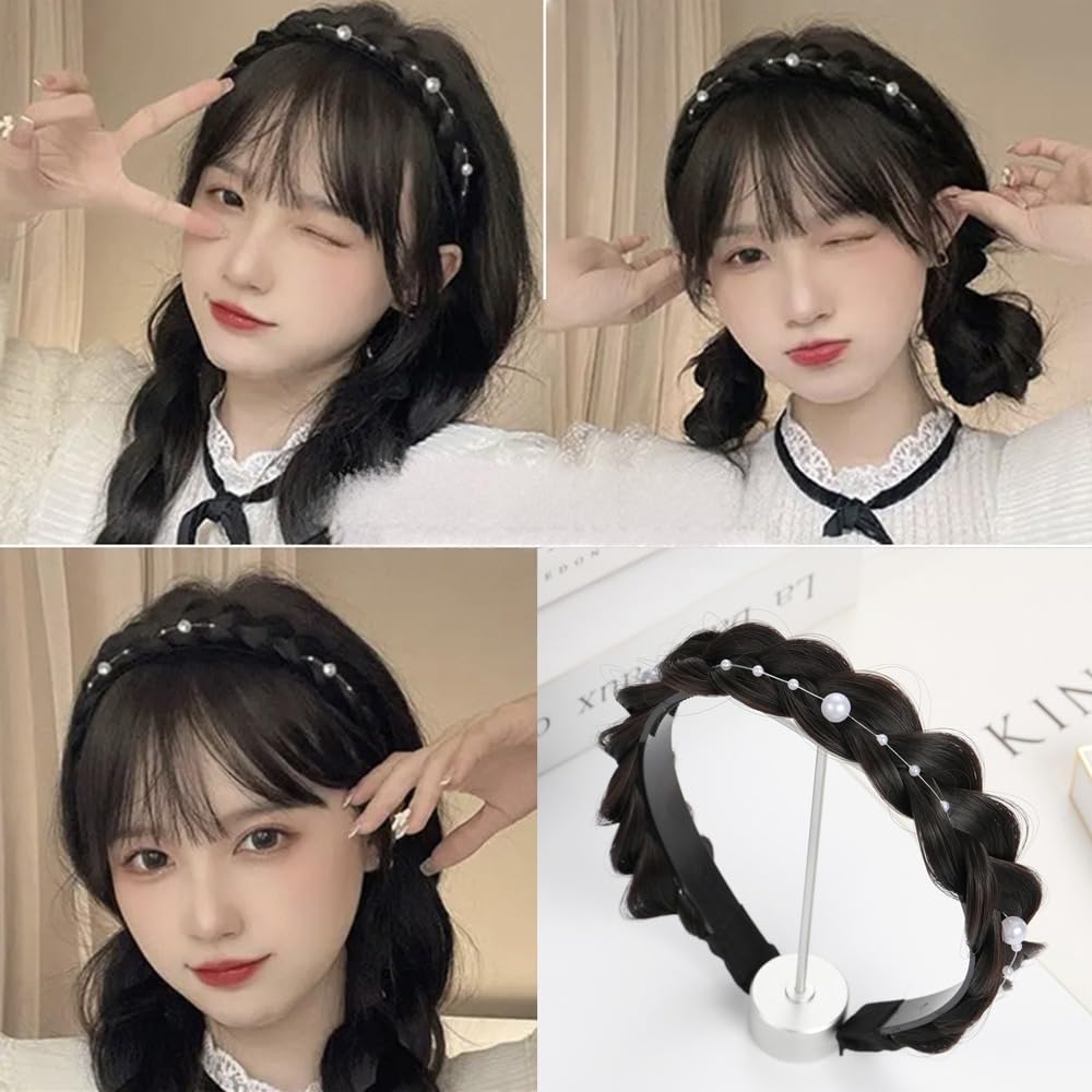 S.A.V.I Natural Black Braided Hairband for Women & Girls | Faux Hair Braid Headband with Pearls | Stylish Hair Accessory for Party, Wedding, Daily | 13x15 cm Elegant Look