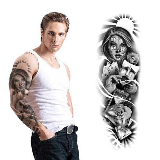 S.A.V.I Full Arm Temporary Tattoo, Girl Clown Face Mask Tattoo Sticker, Size 48x17CM