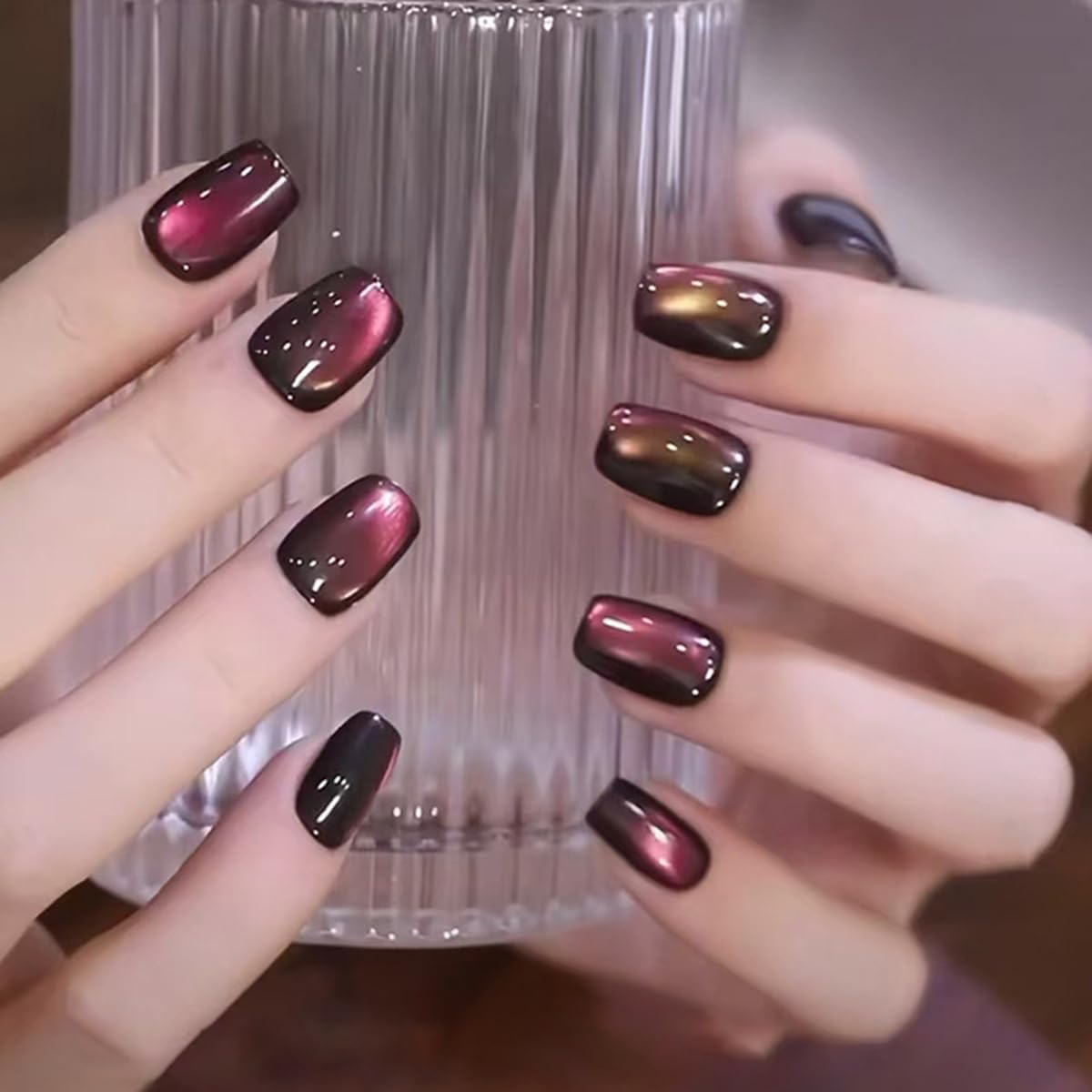 S.A.V.I Cat’s Eye Dark Wine Coffin Shape Press On Nails for Women | 24pcs Medium Length Artificial Nail Tips with Glue & Adhesive Tabs | Glossy Magnetic Effect Fake Nails for DIY Nail Art